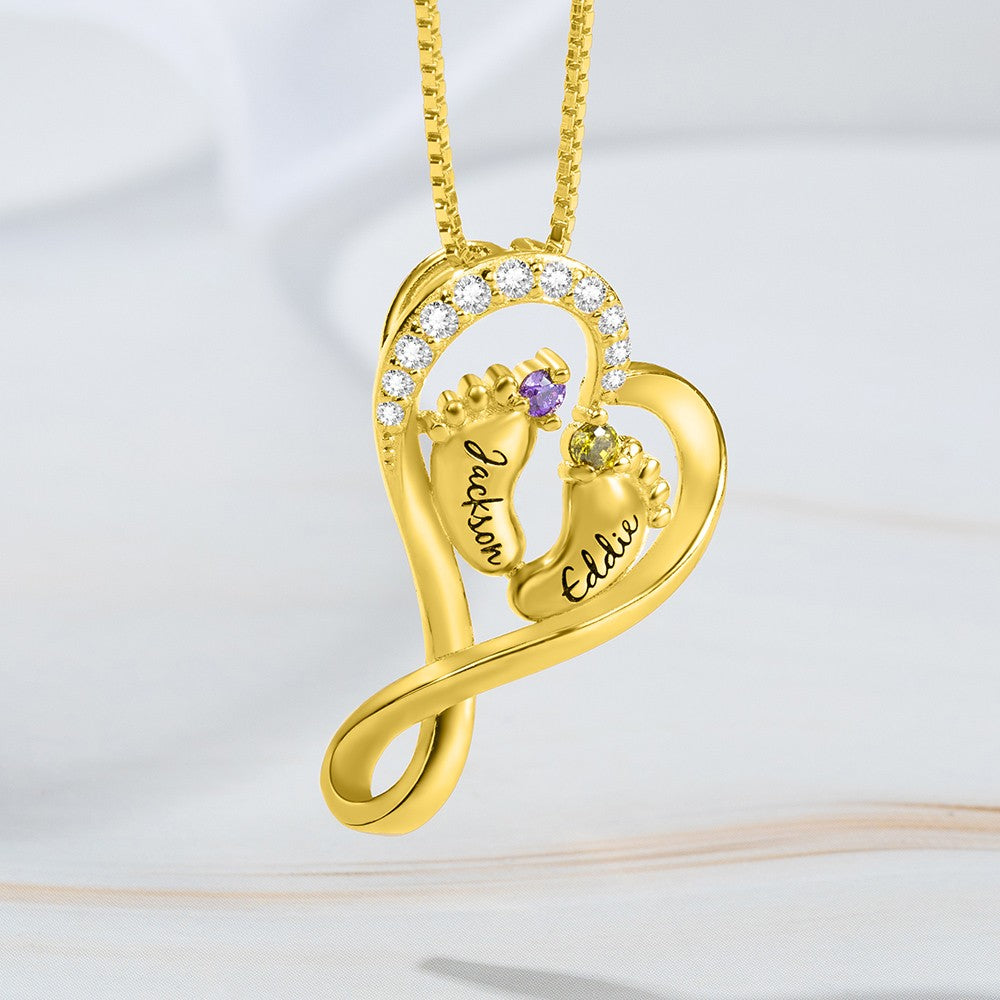 Baby Name Necklace with 2 Custom Footprints, Twins Birthstone Heart Necklace Gift for New Mom