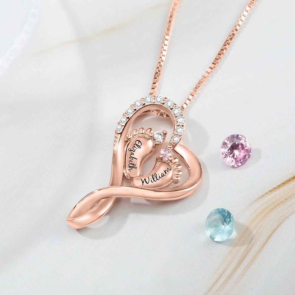 Baby Name Necklace with 2 Custom Footprints, Twins Birthstone Heart Necklace Gift for New Mom