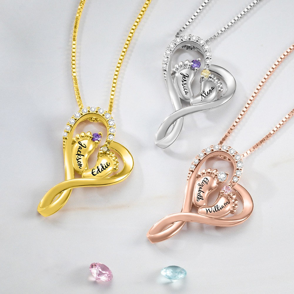 Baby Name Necklace with 2 Custom Footprints, Twins Birthstone Heart Necklace Gift for New Mom
