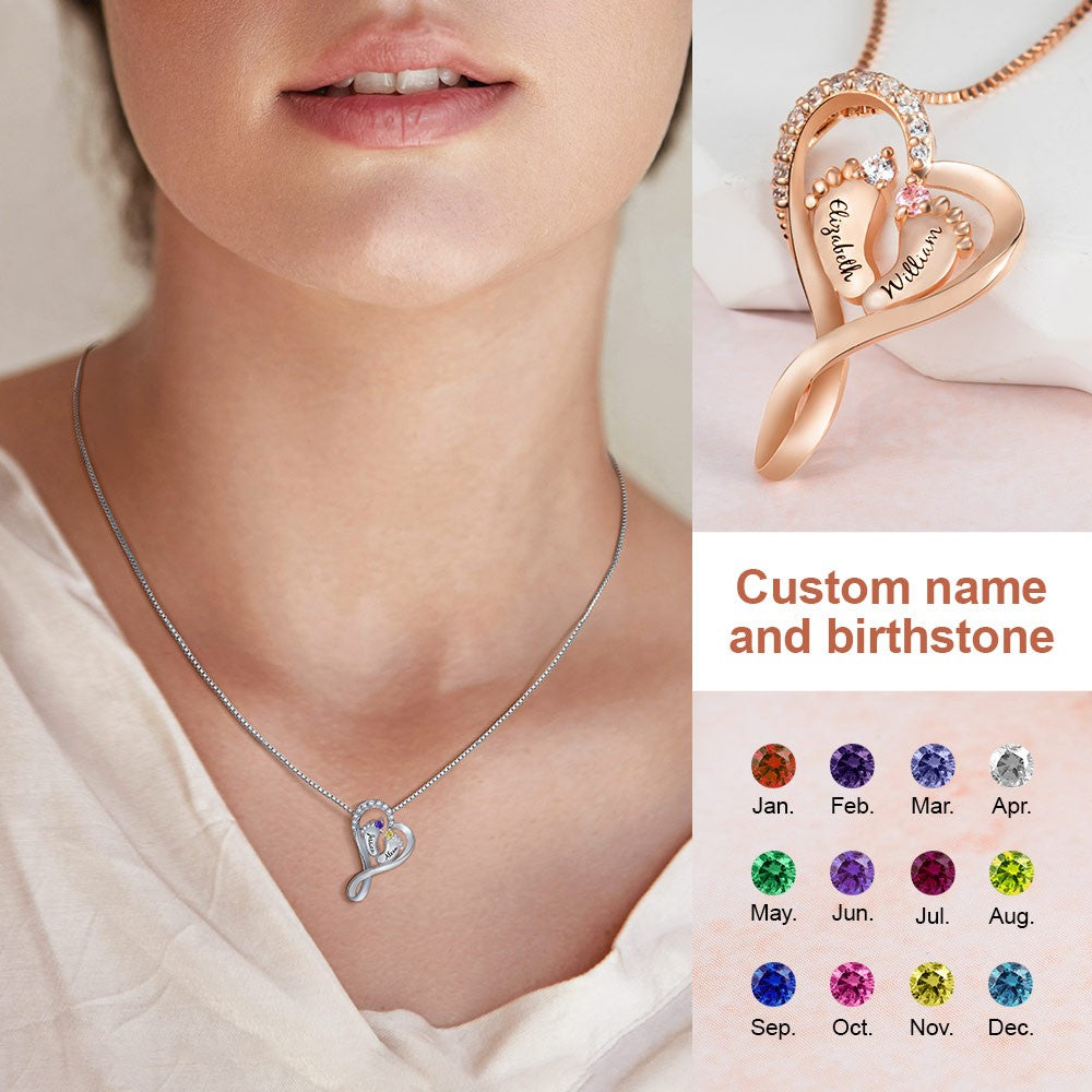 Baby Name Necklace with 2 Custom Footprints, Twins Birthstone Heart Necklace Gift for New Mom
