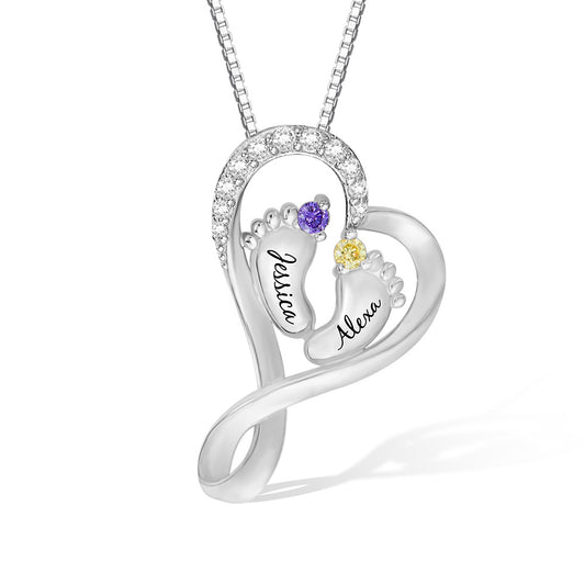 Baby Name Necklace with 2 Custom Footprints, Twins Birthstone Heart Necklace Gift for New Mom