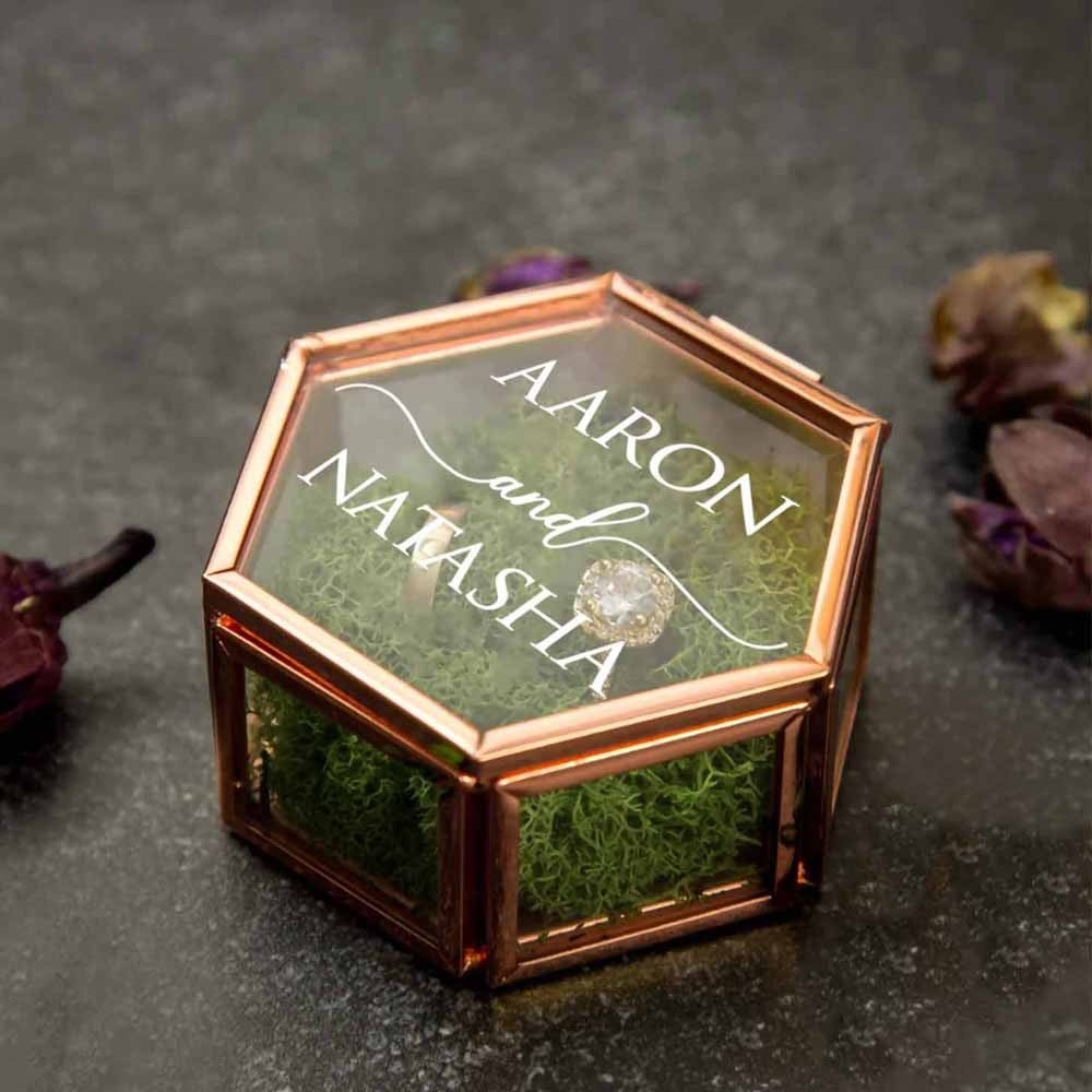 Hexagon Glass Ring Box with Moss, Names & Initials Ring Holder, Personalized Ring Box for Proposal/Wedding/Engagement