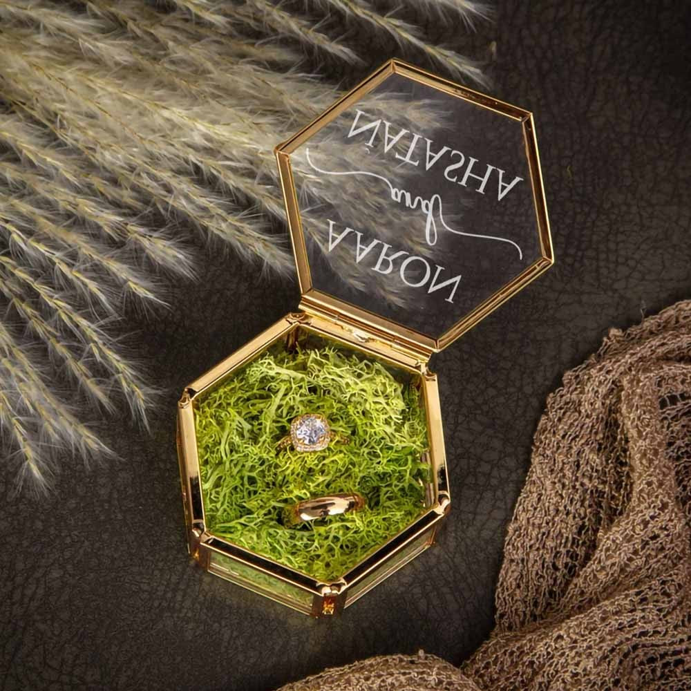Hexagon Glass Ring Box with Moss, Names & Initials Ring Holder, Personalized Ring Box for Proposal/Wedding/Engagement
