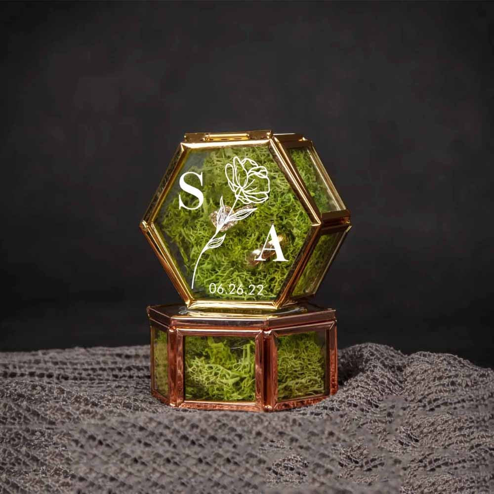 Hexagon Glass Ring Box with Moss, Names & Initials Ring Holder, Personalized Ring Box for Proposal/Wedding/Engagement