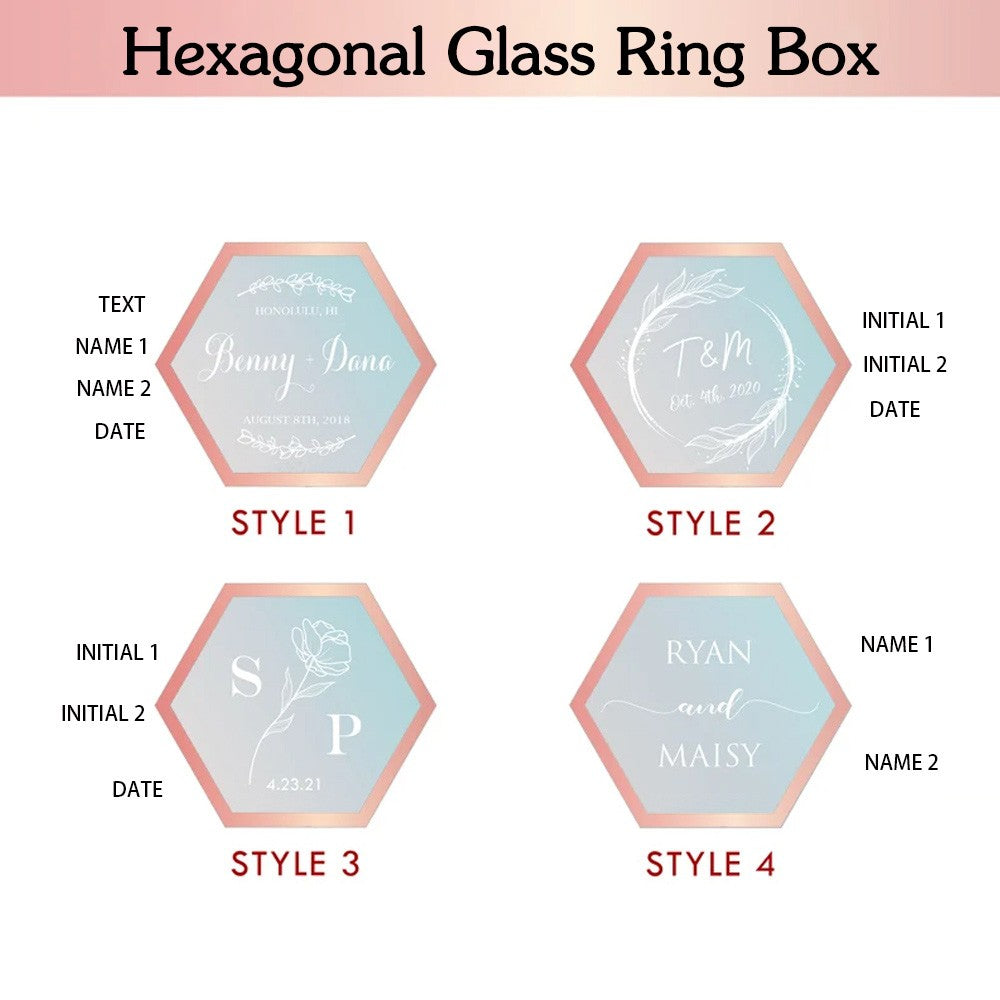 Hexagon Glass Ring Box with Moss, Names & Initials Ring Holder, Personalized Ring Box for Proposal/Wedding/Engagement