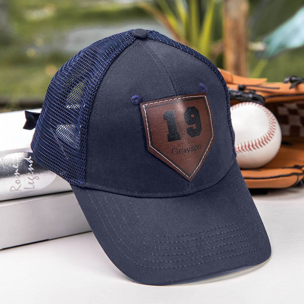 Custom Baseball Hat, Personalized Player Number Leather Patch Hat, Trucker Hat Snapback Baseball/Softball Cap for Men & Women, One Size Fits All