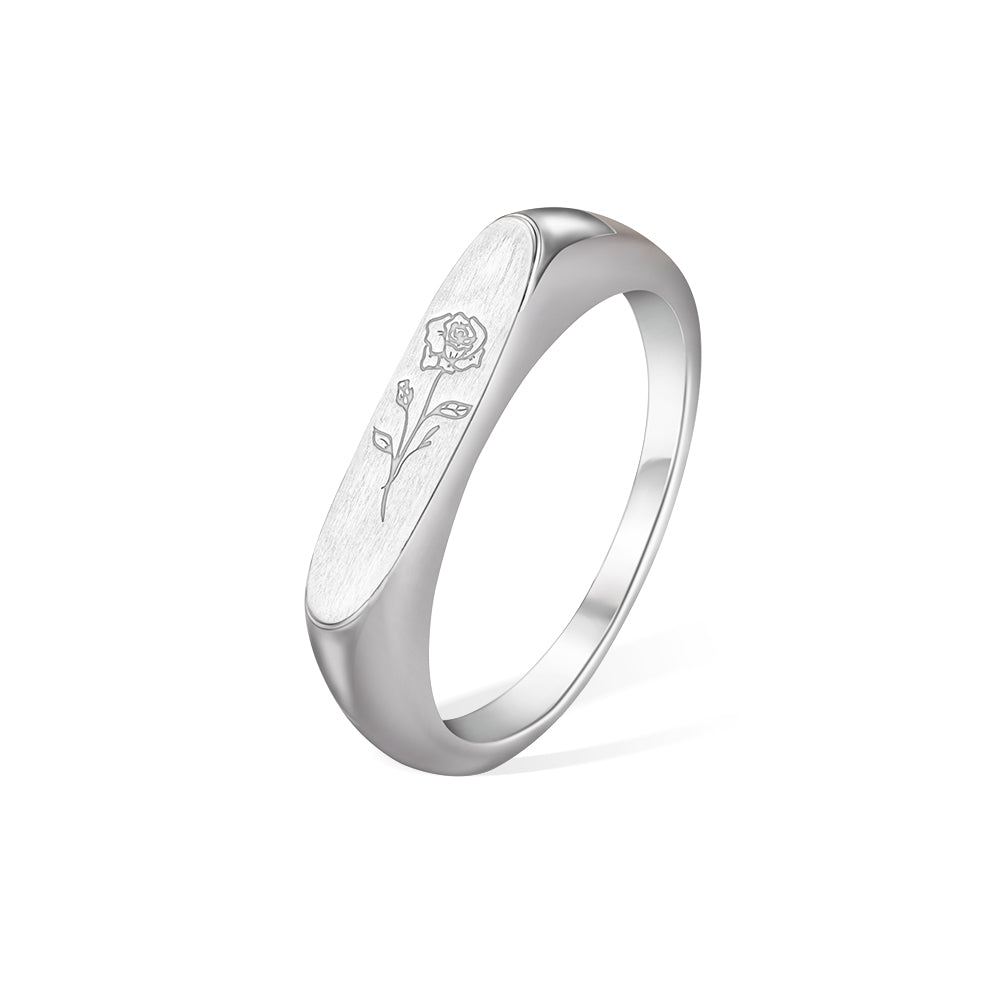 Birth Flower Ring, Floral Signet Ring, Sterling Silver/Brass Engraved Stack Ring, Birthday/Mother's Day Gift for Mother/Grandma/Wife/Friend
