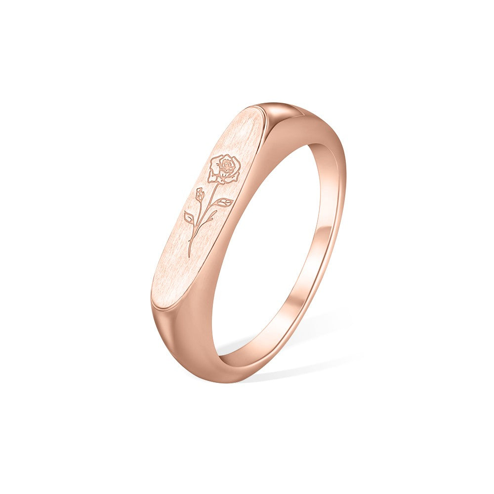 Birth Flower Ring, Floral Signet Ring, Sterling Silver/Brass Engraved Stack Ring, Birthday/Mother's Day Gift for Mother/Grandma/Wife/Friend