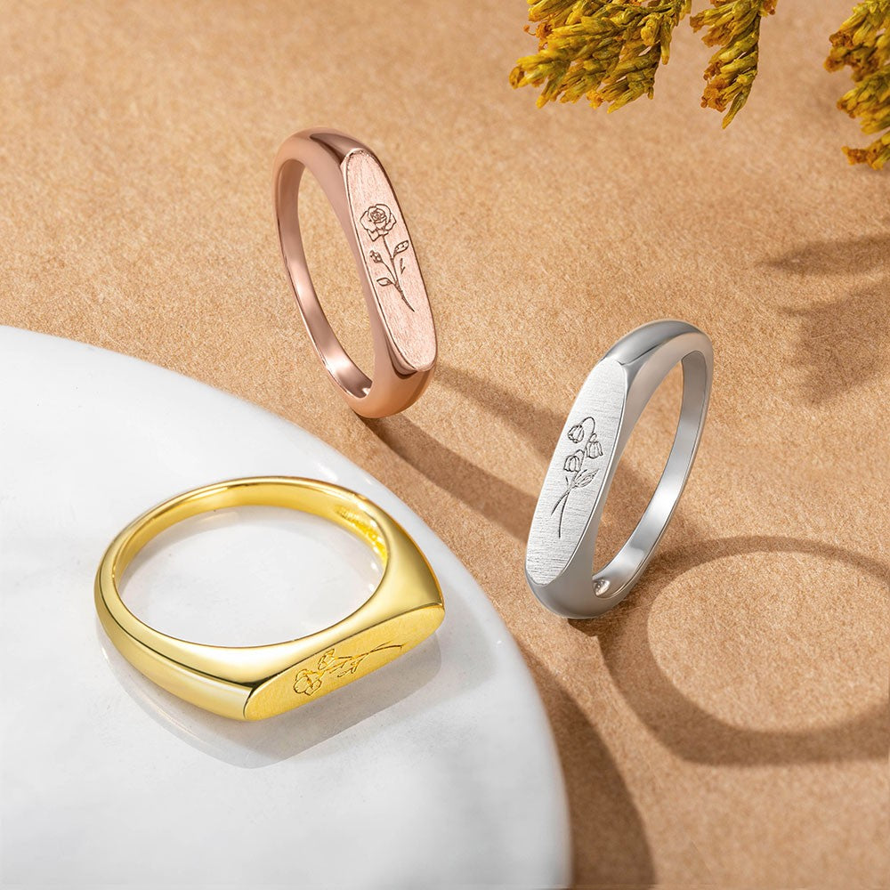 Birth Flower Ring, Floral Signet Ring, Sterling Silver/Brass Engraved Stack Ring, Birthday/Mother's Day Gift for Mother/Grandma/Wife/Friend