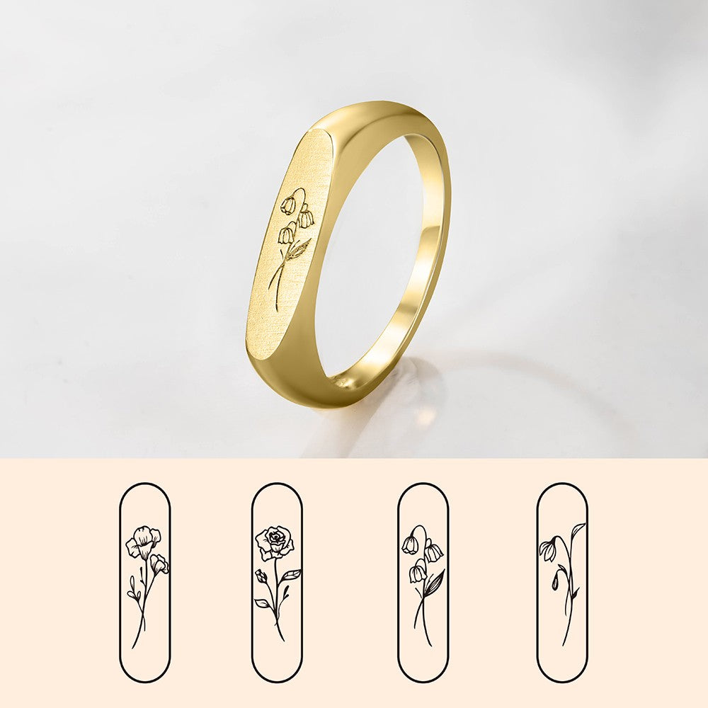 Birth Flower Ring, Floral Signet Ring, Sterling Silver/Brass Engraved Stack Ring, Birthday/Mother's Day Gift for Mother/Grandma/Wife/Friend