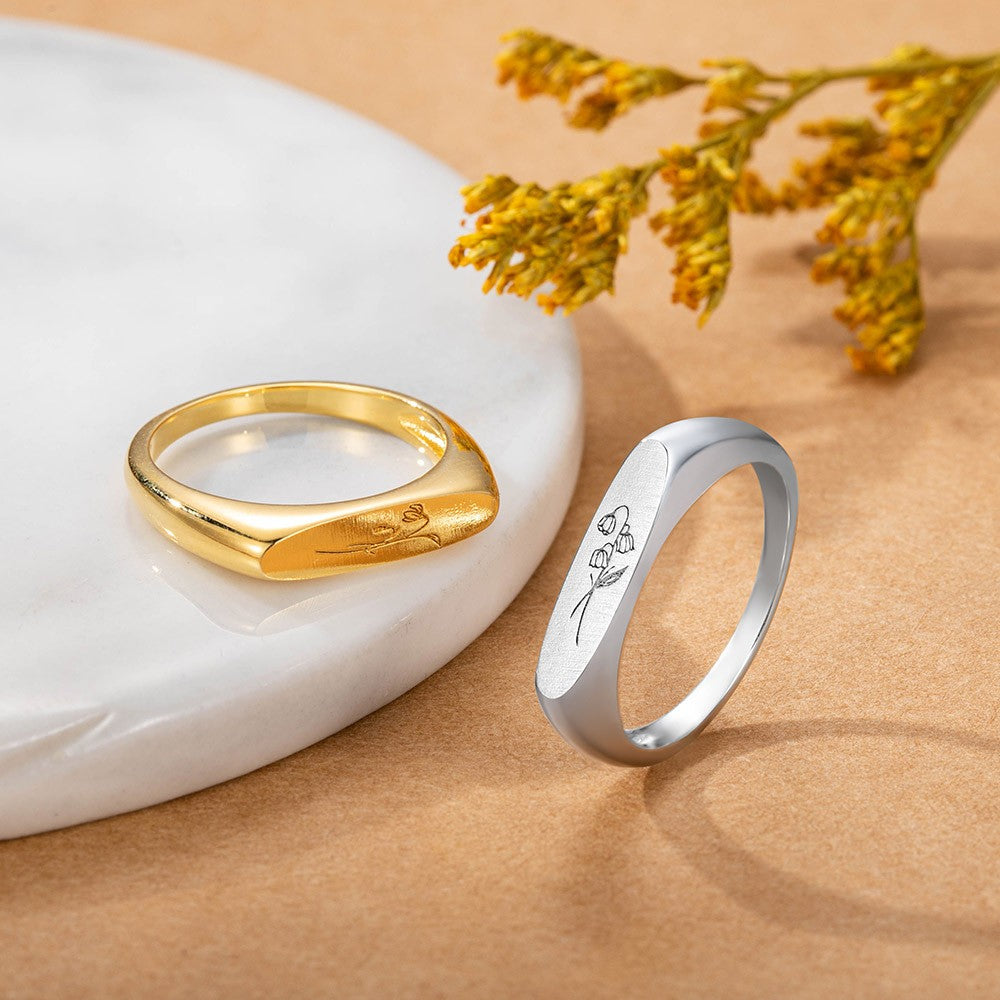 Birth Flower Ring, Floral Signet Ring, Sterling Silver/Brass Engraved Stack Ring, Birthday/Mother's Day Gift for Mother/Grandma/Wife/Friend