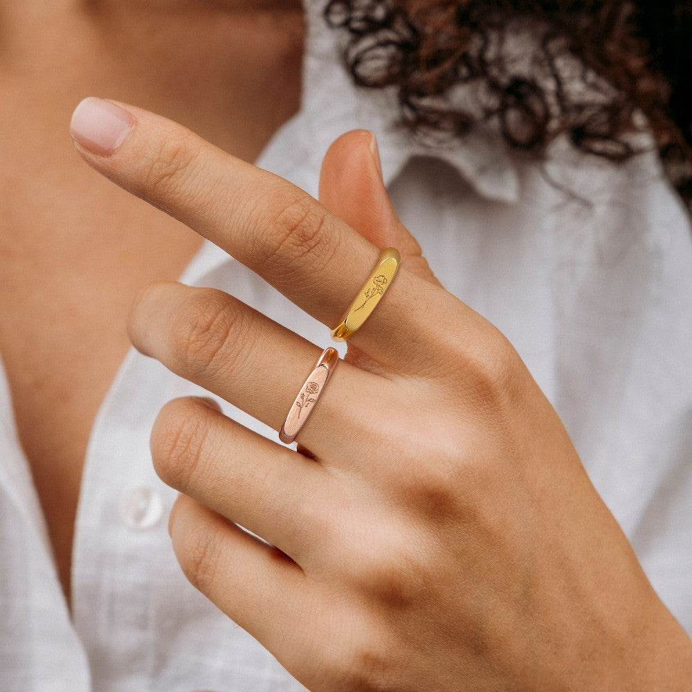 Birth Flower Ring, Floral Signet Ring, Sterling Silver/Brass Engraved Stack Ring, Birthday/Mother's Day Gift for Mother/Grandma/Wife/Friend