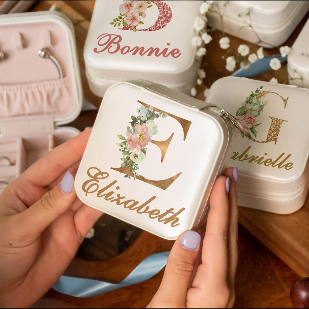 Initial & Name Jewelry Box with Flowers, Jewelry Travel Case, Portable Jewelry Box, Jewelry Organizer, Gift for Bridesmaids/Mom/Girlfriend