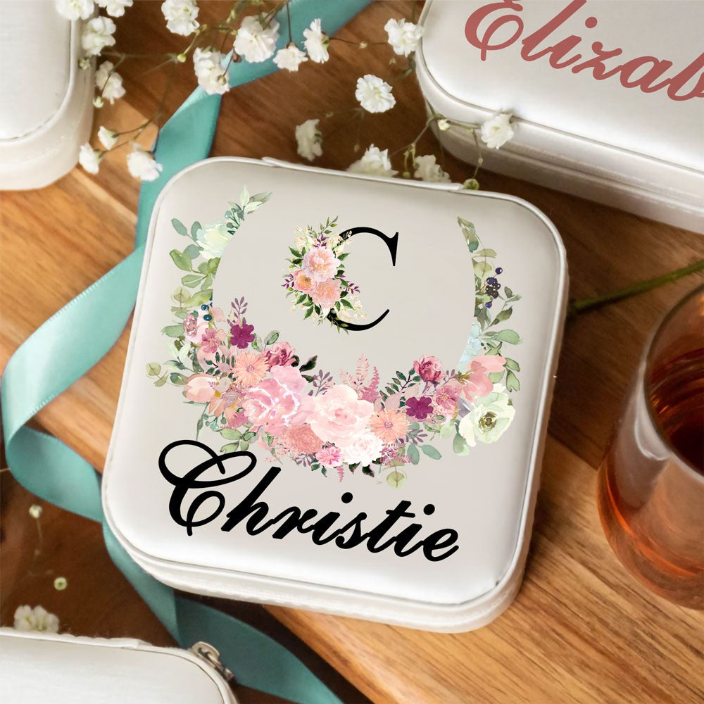 Initial & Name Jewelry Box with Flowers, Jewelry Travel Case, Portable Jewelry Box, Jewelry Organizer, Gift for Bridesmaids/Mom/Girlfriend
