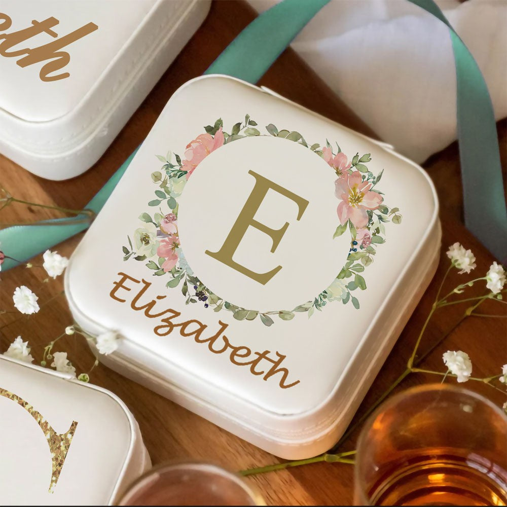 Initial & Name Jewelry Box with Flowers, Jewelry Travel Case, Portable Jewelry Box, Jewelry Organizer, Gift for Bridesmaids/Mom/Girlfriend