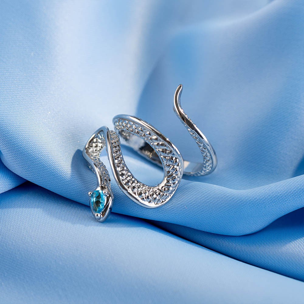 Silver Snake Ring with Blue Zircon Gem, Vintage Serpent Ring, Punk  Animal Ring Dainty Adjustable Open Ring Gift for Women Girls - Brass
