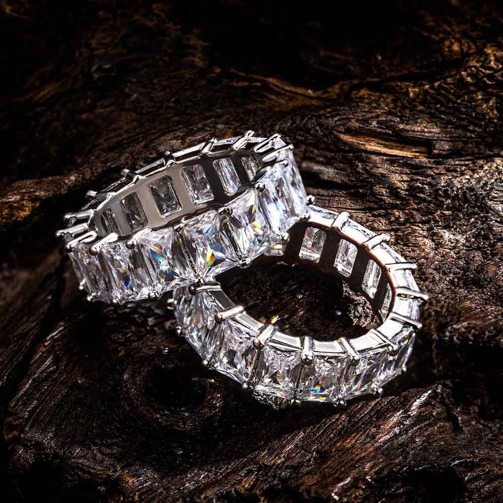Cubic Zirconia Baguette Eternity Ring, Iced Out Brass Ring, Promise Ring Engagement Ring, Birthday/Anniversary/Valentine's Day Gift for Men/Women
