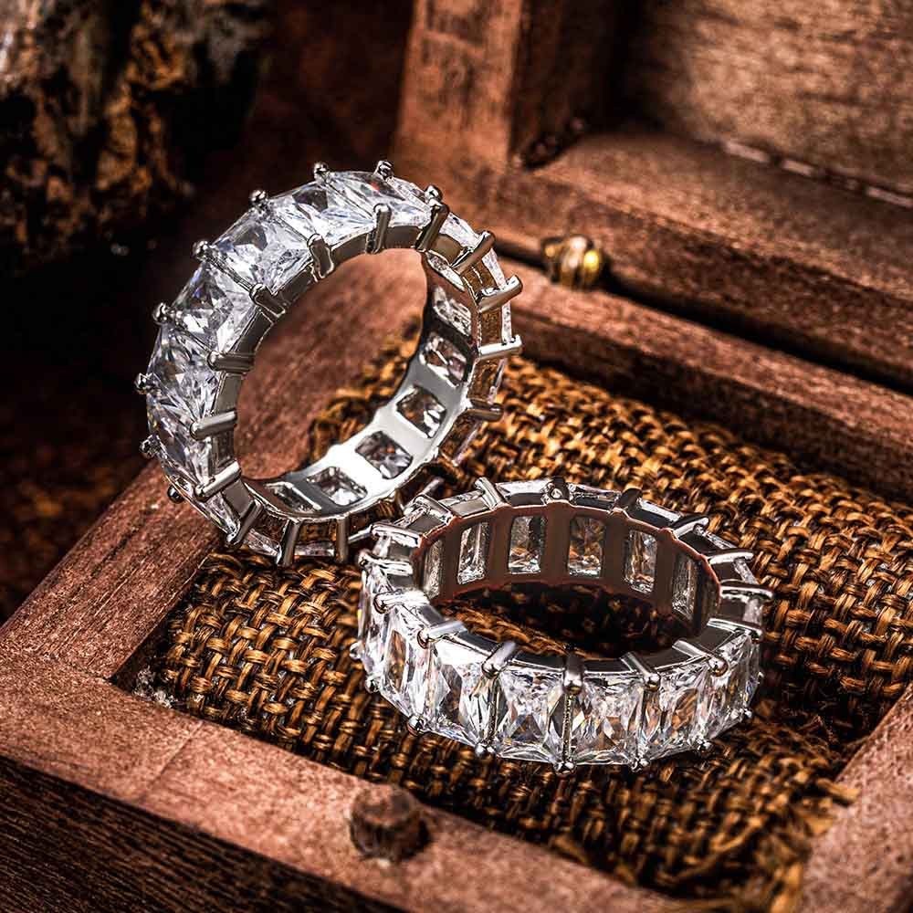 Cubic Zirconia Baguette Eternity Ring, Iced Out Brass Ring, Promise Ring Engagement Ring, Birthday/Anniversary/Valentine's Day Gift for Men/Women