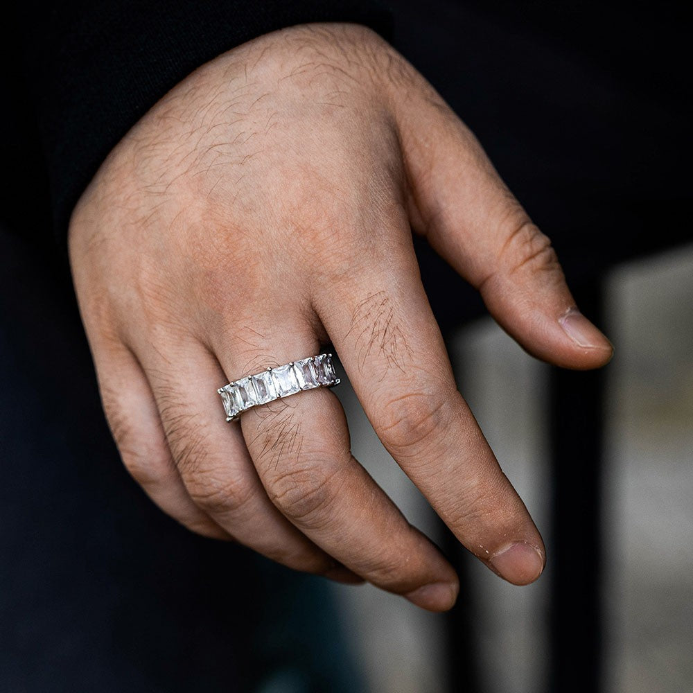 Cubic Zirconia Baguette Eternity Ring, Iced Out Brass Ring, Promise Ring Engagement Ring, Birthday/Anniversary/Valentine's Day Gift for Men/Women
