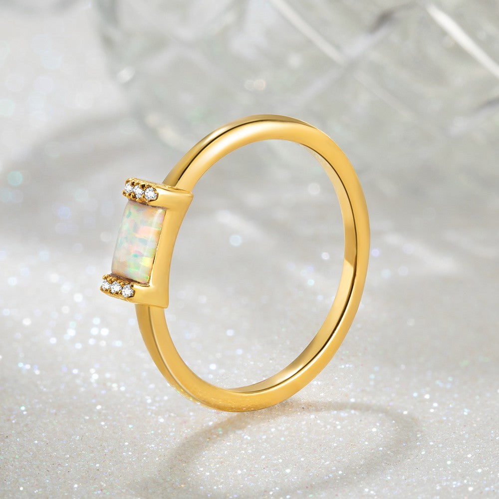 Rectangle Opal Ring, Baguette Ring, Dainty Opal Ring, Minimalist Ring, Stacking Ring, Gift for Her/Mom/Wife