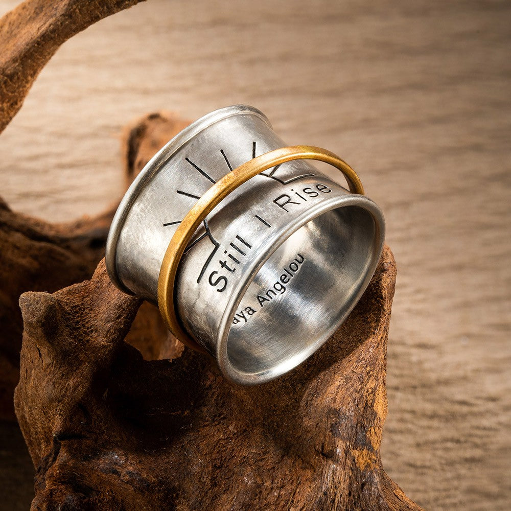 Still I Rise Sun Ring, Spinner Fidget Ring, Meditation Spinning Wide Band, Engraved Anxiety Ring, Fidget Ring, Gift for Women/Friends