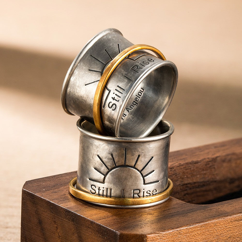 Still I Rise Sun Ring, Spinner Fidget Ring, Meditation Spinning Wide Band, Engraved Anxiety Ring, Fidget Ring, Gift for Women/Friends