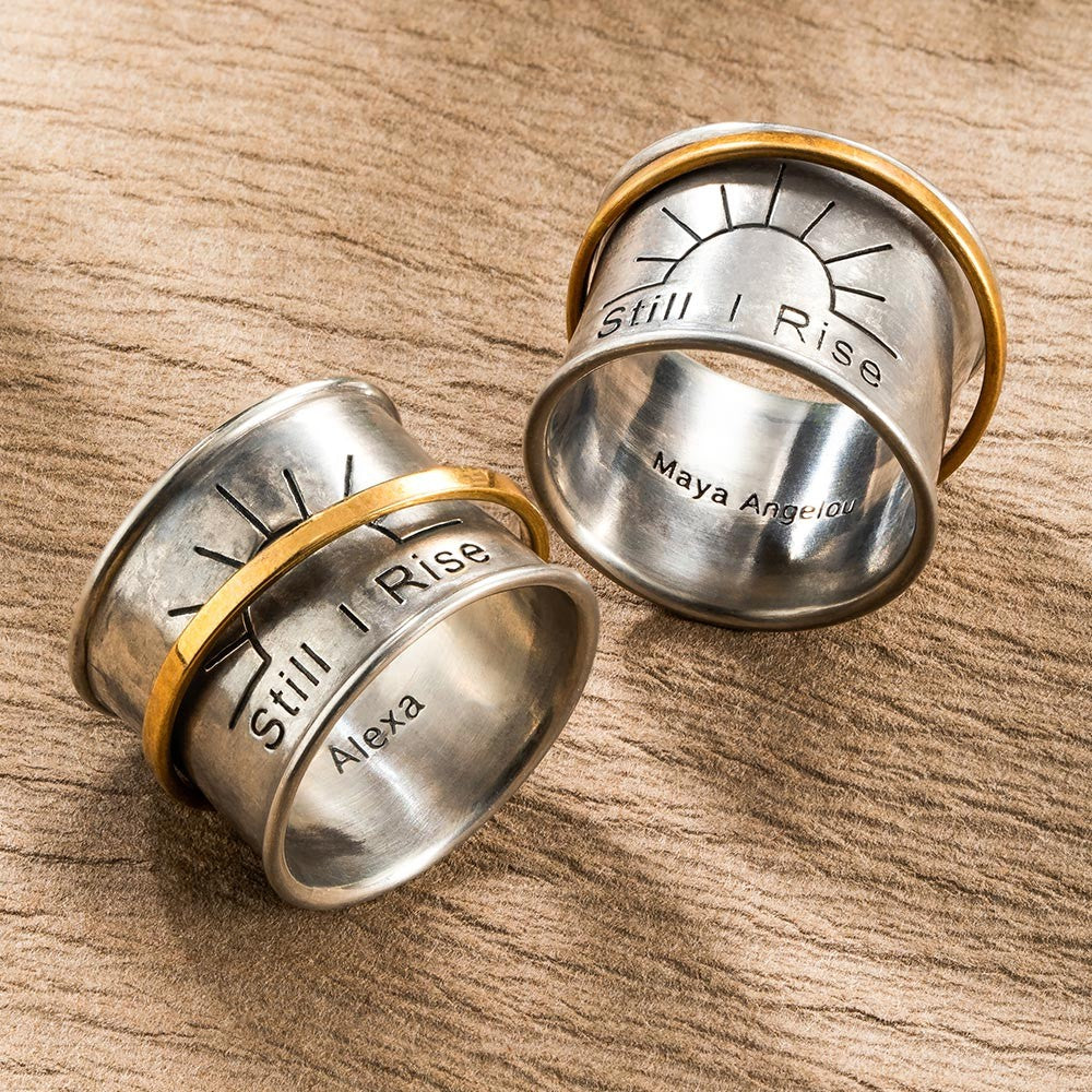 Still I Rise Sun Ring, Spinner Fidget Ring, Meditation Spinning Wide Band, Engraved Anxiety Ring, Fidget Ring, Gift for Women/Friends