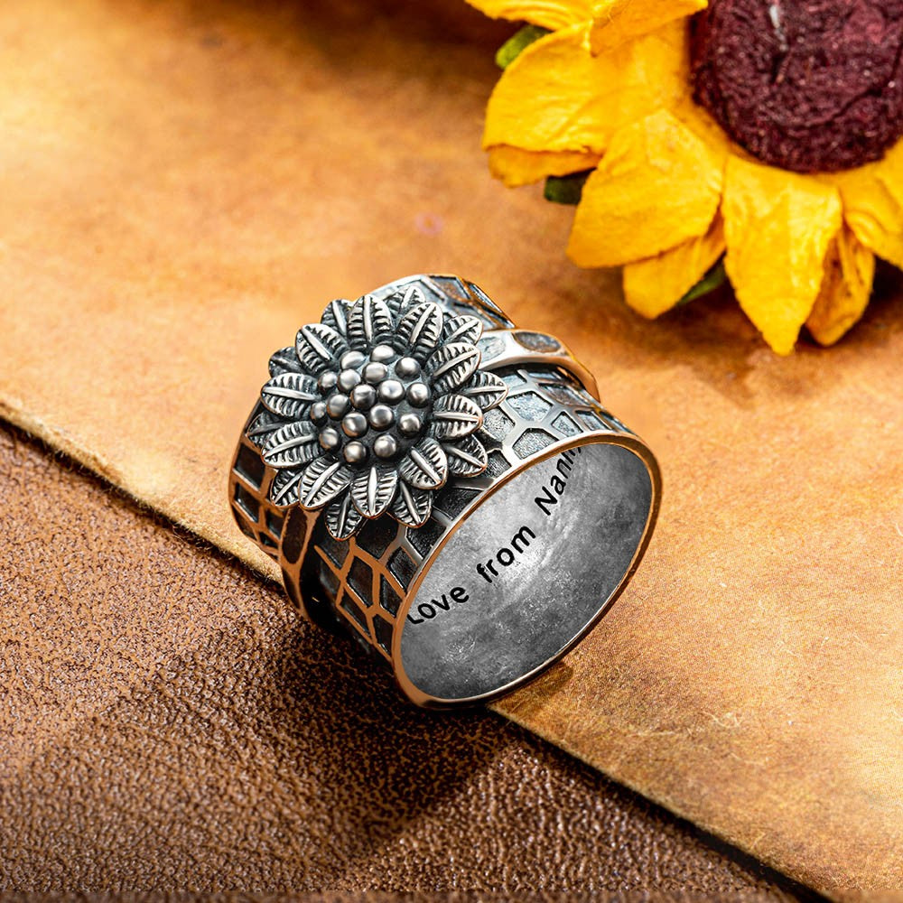 Custom Sunflower Fidget Ring, Anti-Anxiety Flower Spinner Ring, Worry Ring, Sterling Silver 925/Brass Boho Chunky Ring, Fidget Jewelry for Women
