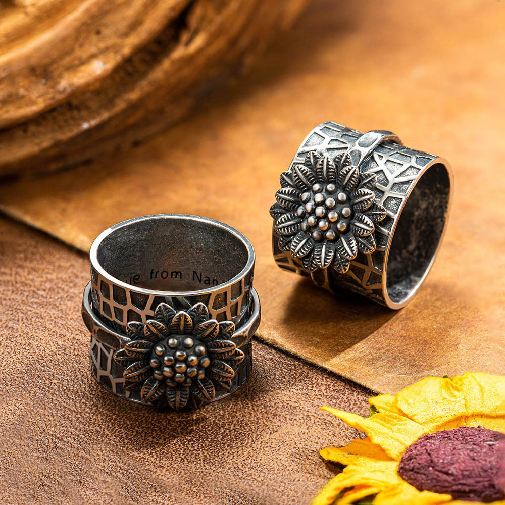 Custom Sunflower Fidget Ring, Anti-Anxiety Flower Spinner Ring, Worry Ring, Sterling Silver 925/Brass Boho Chunky Ring, Fidget Jewelry for Women