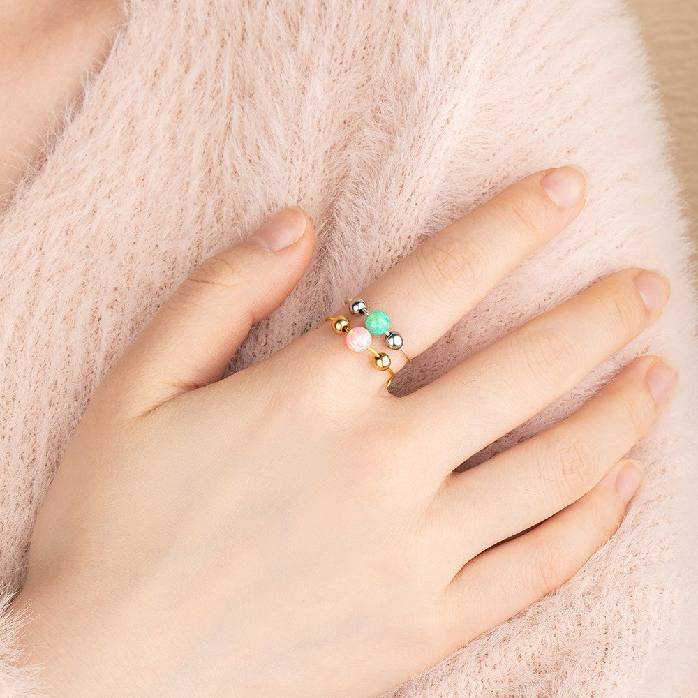 Opal Anxiety Ring with Moving Beads, Stress Relief Anxiety Fidget Ring, Sterling Silver 925 Adjustable Spinner Ring, Gift for Woman/Mom/Girlfriend