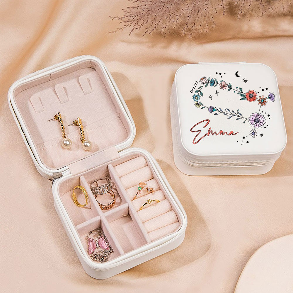 Custom Zodiac Floral Constellation Jewelry Box, Travel Jewelry Case, Jewelry Gift Box, Birthday/Mother's Day/Wedding Gift for Mom/Bride/Bridesmaid