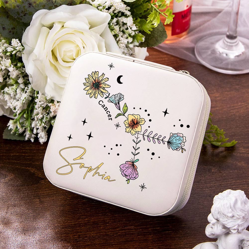 Custom Zodiac Floral Constellation Jewelry Box, Travel Jewelry Case, Jewelry Gift Box, Birthday/Mother's Day/Wedding Gift for Mom/Bride/Bridesmaid