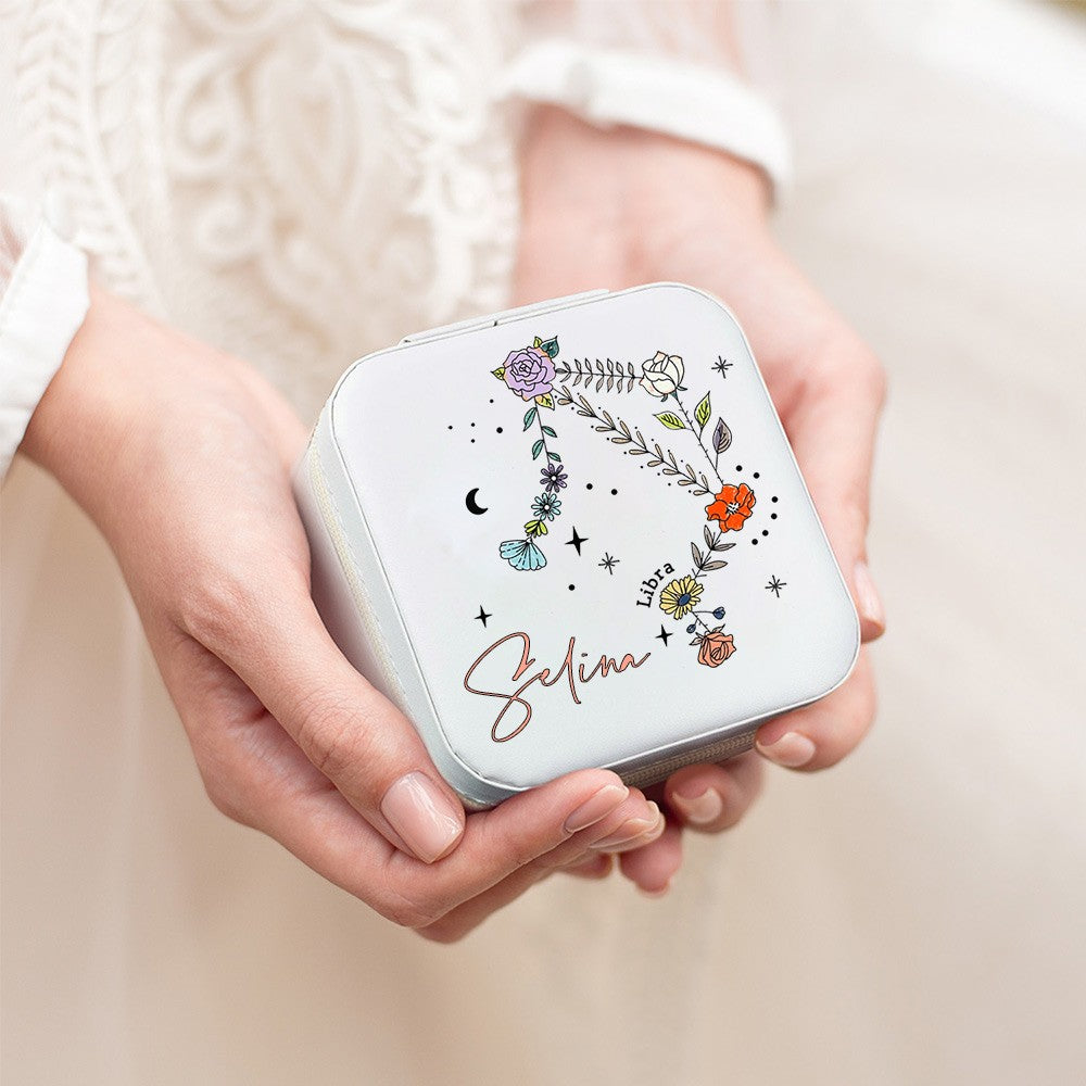 Custom Zodiac Floral Constellation Jewelry Box, Travel Jewelry Case, Jewelry Gift Box, Birthday/Mother's Day/Wedding Gift for Mom/Bride/Bridesmaid