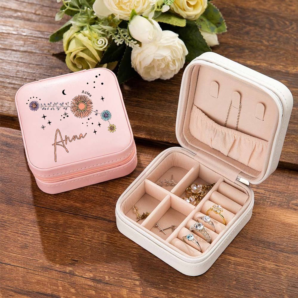 Custom Zodiac Floral Constellation Jewelry Box, Travel Jewelry Case, Jewelry Gift Box, Birthday/Mother's Day/Wedding Gift for Mom/Bride/Bridesmaid