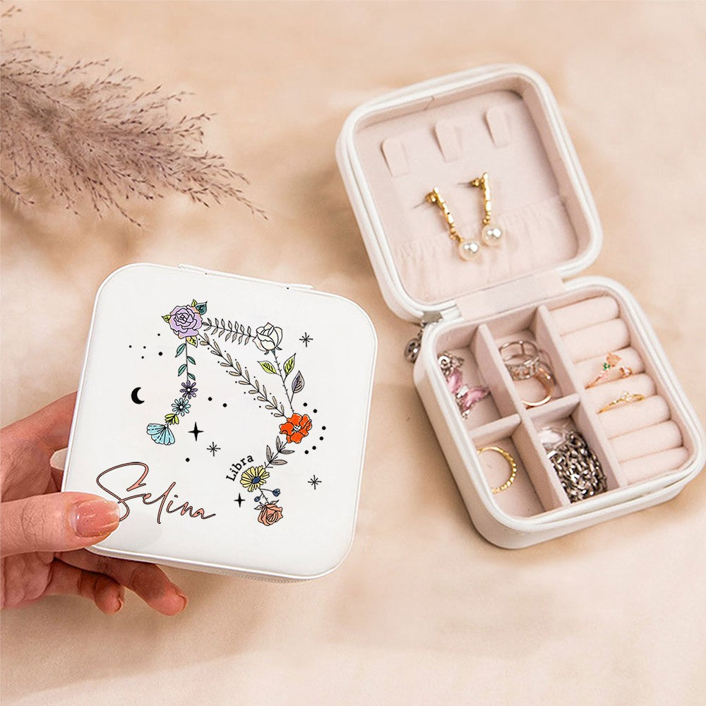 Custom Zodiac Floral Constellation Jewelry Box, Travel Jewelry Case, Jewelry Gift Box, Birthday/Mother's Day/Wedding Gift for Mom/Bride/Bridesmaid