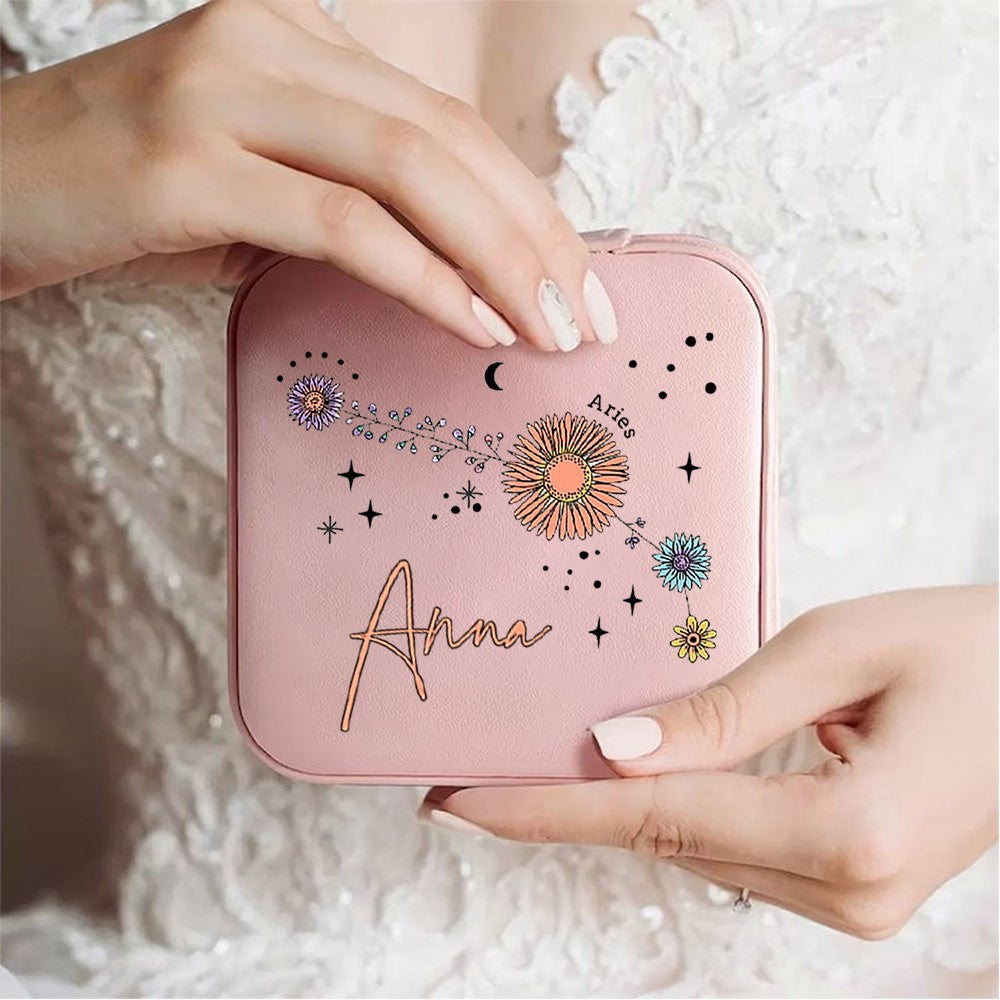 Custom Zodiac Floral Constellation Jewelry Box, Travel Jewelry Case, Jewelry Gift Box, Birthday/Mother's Day/Wedding Gift for Mom/Bride/Bridesmaid