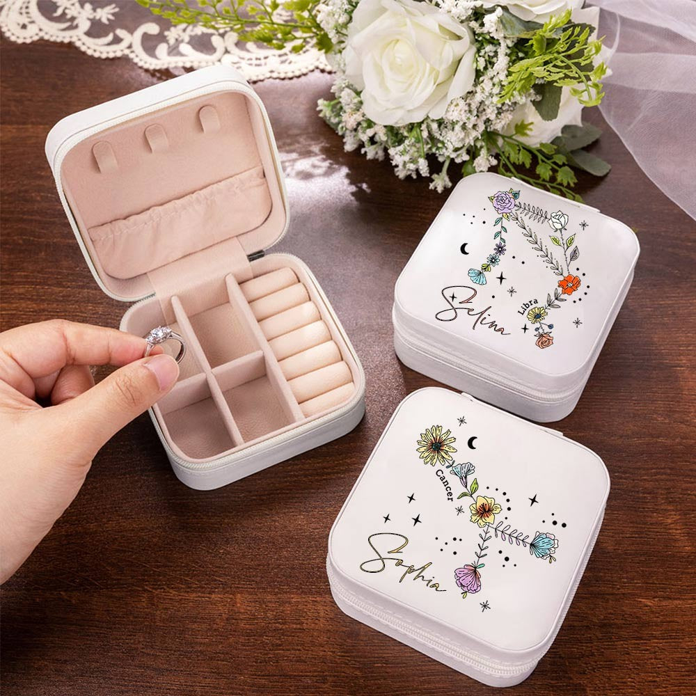 Custom Zodiac Floral Constellation Jewelry Box, Travel Jewelry Case, Jewelry Gift Box, Birthday/Mother's Day/Wedding Gift for Mom/Bride/Bridesmaid