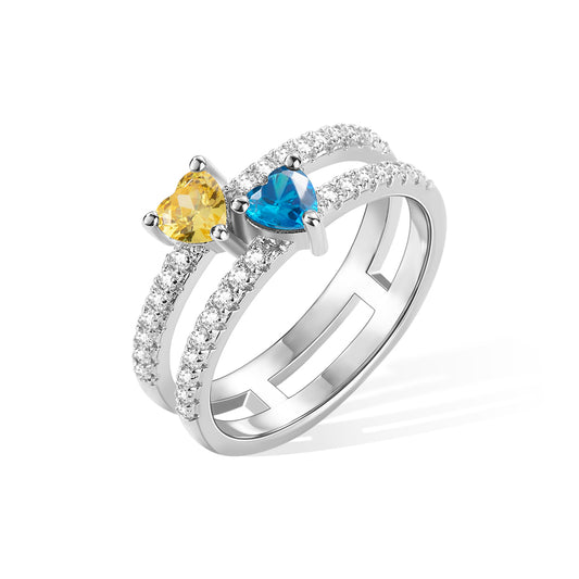 Personalized Double Heart Birthstone Ring, Custom Family Ring, Double Band Ring, Sterling Silver/Brass Ring, Birthday/Mother's/Valentine's Day Gift
