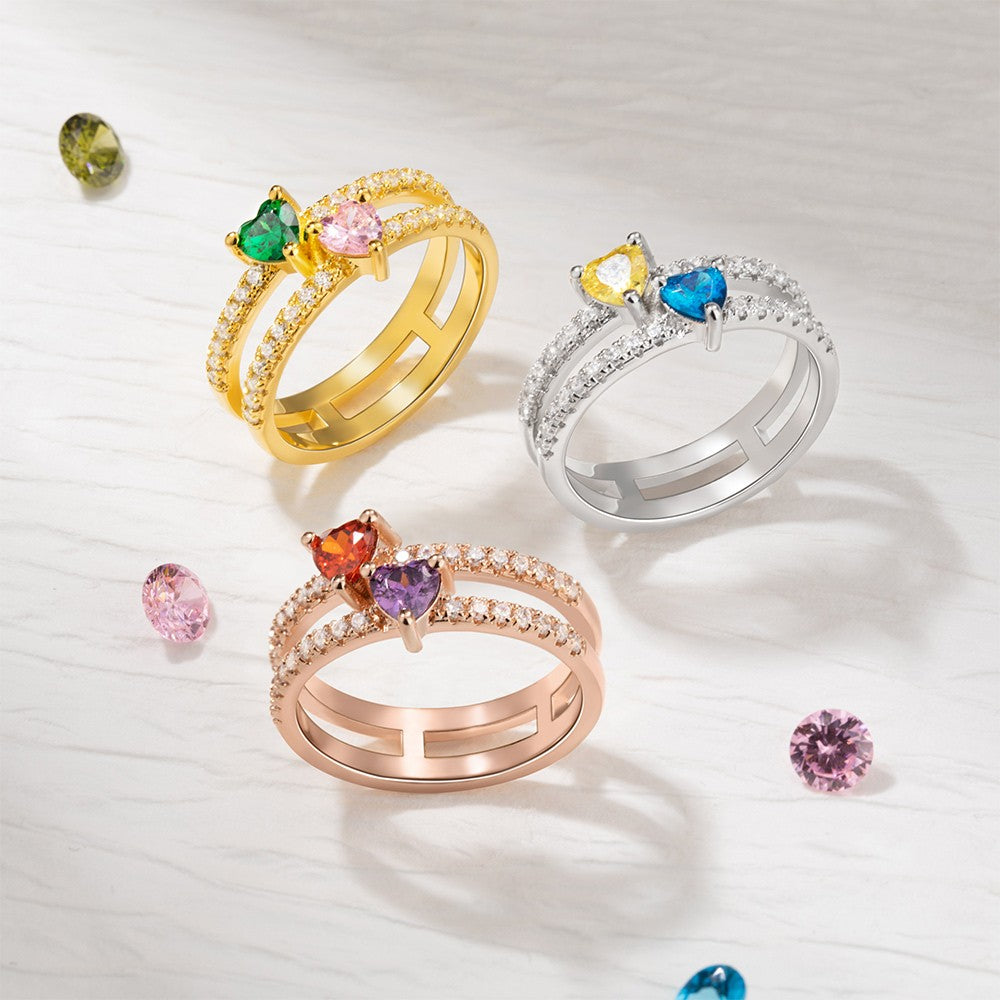 Personalized Double Heart Birthstone Ring, Custom Family Ring, Double Band Ring, Sterling Silver/Brass Ring, Birthday/Mother's/Valentine's Day Gift
