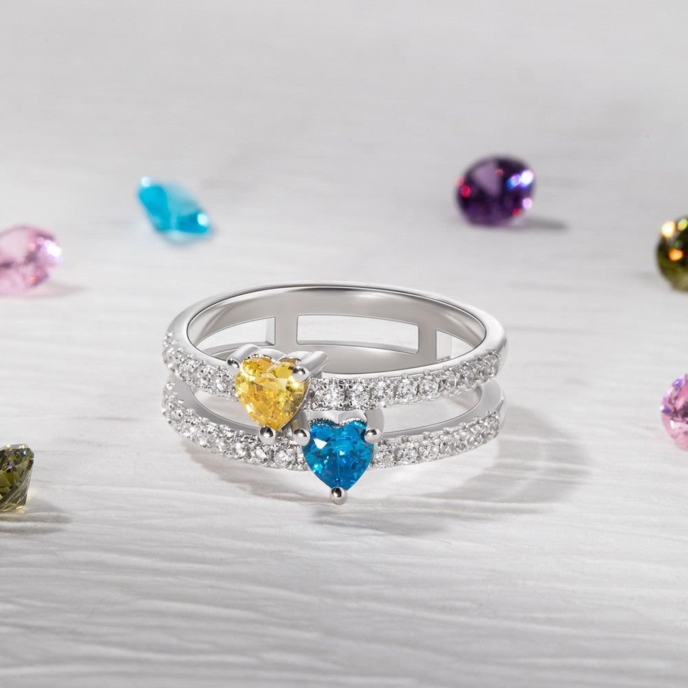 Personalized Double Heart Birthstone Ring, Custom Family Ring, Double Band Ring, Sterling Silver/Brass Ring, Birthday/Mother's/Valentine's Day Gift