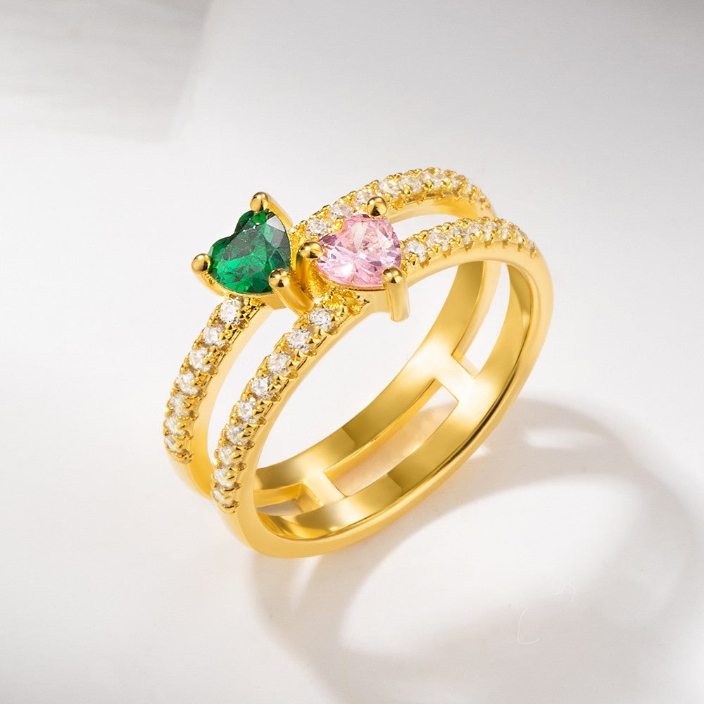Personalized Double Heart Birthstone Ring, Custom Family Ring, Double Band Ring, Sterling Silver/Brass Ring, Birthday/Mother's/Valentine's Day Gift
