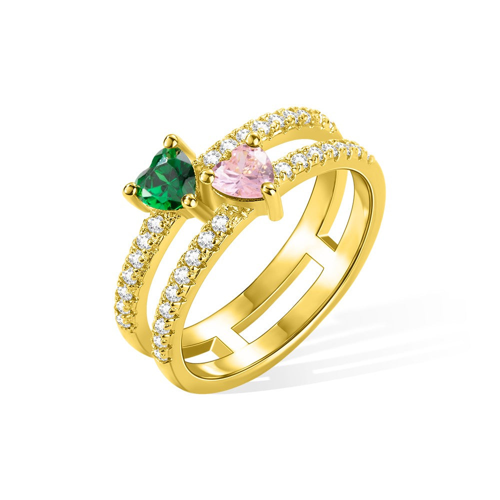 Personalized Double Heart Birthstone Ring, Custom Family Ring, Double Band Ring, Sterling Silver/Brass Ring, Birthday/Mother's/Valentine's Day Gift