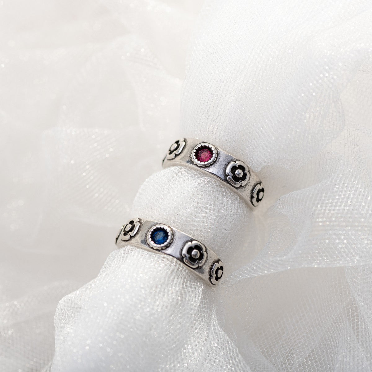 Vintage Red and Blue Gem Rings with Flower, Sterling Silver 925 Ring, Adjustable Ring, Gift for Howl's Moving Castle Fans