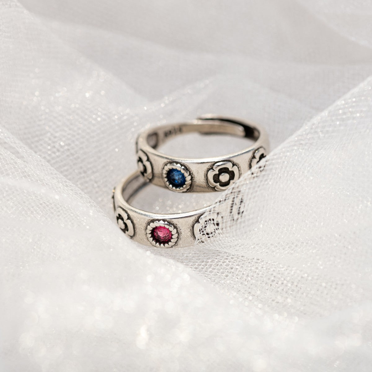 Vintage Red and Blue Gem Rings with Flower, Sterling Silver 925 Ring, Adjustable Ring, Gift for Howl's Moving Castle Fans