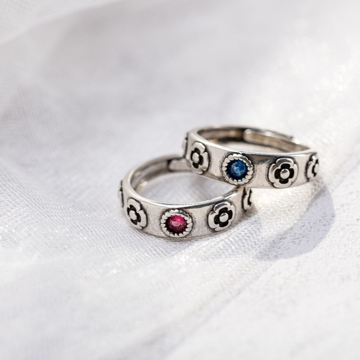 Vintage Red and Blue Gem Rings with Flower, Sterling Silver 925 Ring, Adjustable Ring, Gift for Howl's Moving Castle Fans