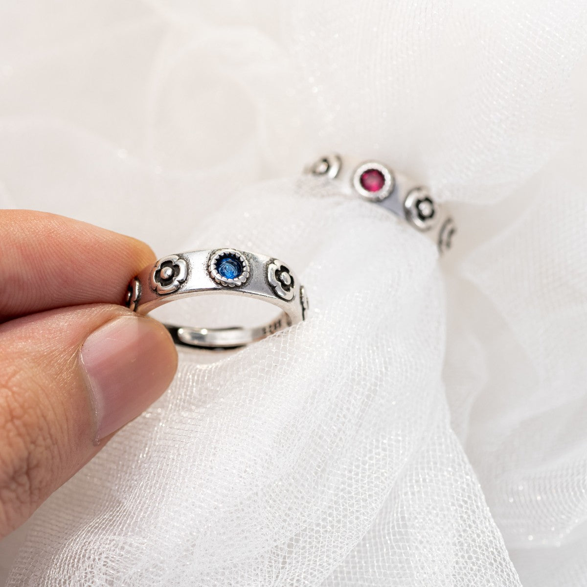 Vintage Red and Blue Gem Rings with Flower, Sterling Silver 925 Ring, Adjustable Ring, Gift for Howl's Moving Castle Fans