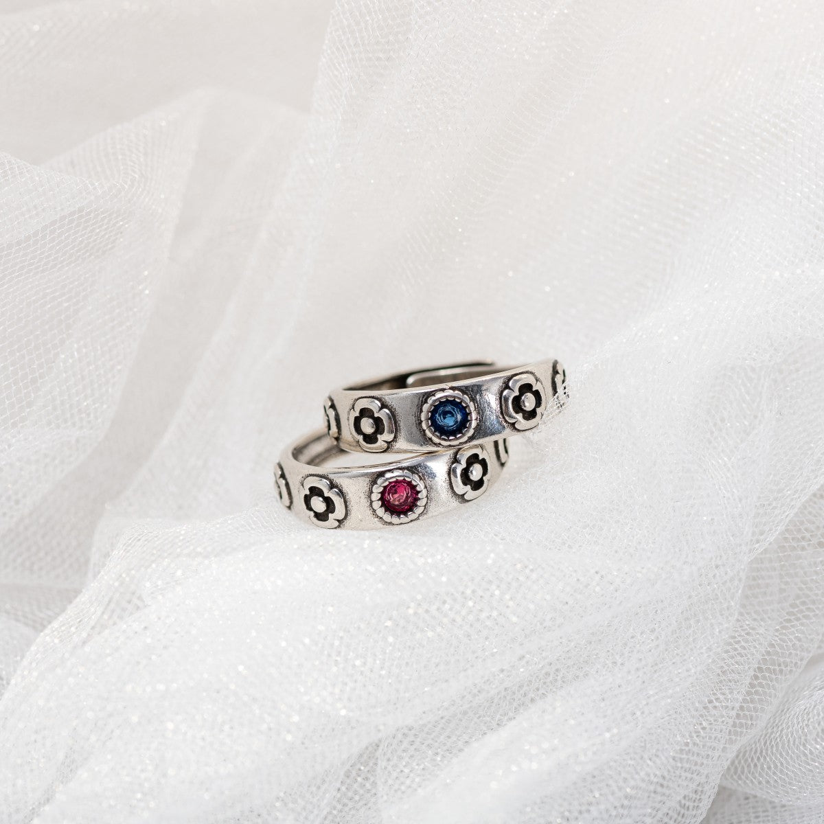 Vintage Red and Blue Gem Rings with Flower, Sterling Silver 925 Ring, Adjustable Ring, Gift for Howl's Moving Castle Fans