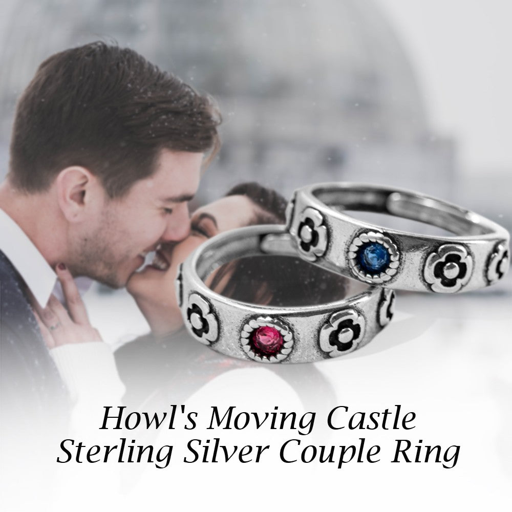 Vintage Red and Blue Gem Rings with Flower, Sterling Silver 925 Ring, Adjustable Ring, Gift for Howl's Moving Castle Fans