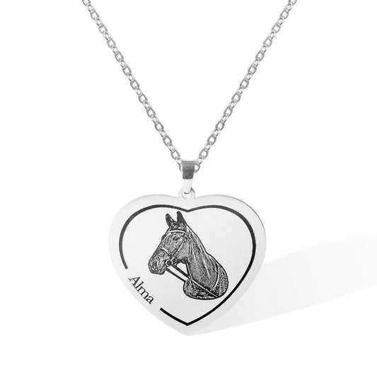 Custom Photo Heart Necklace, Person/Pet Portrait Pendant, Horse Portrait Charm Necklace, Sterling Silver 925 Jewelry, Gift for Family/Friend/Pet Lover