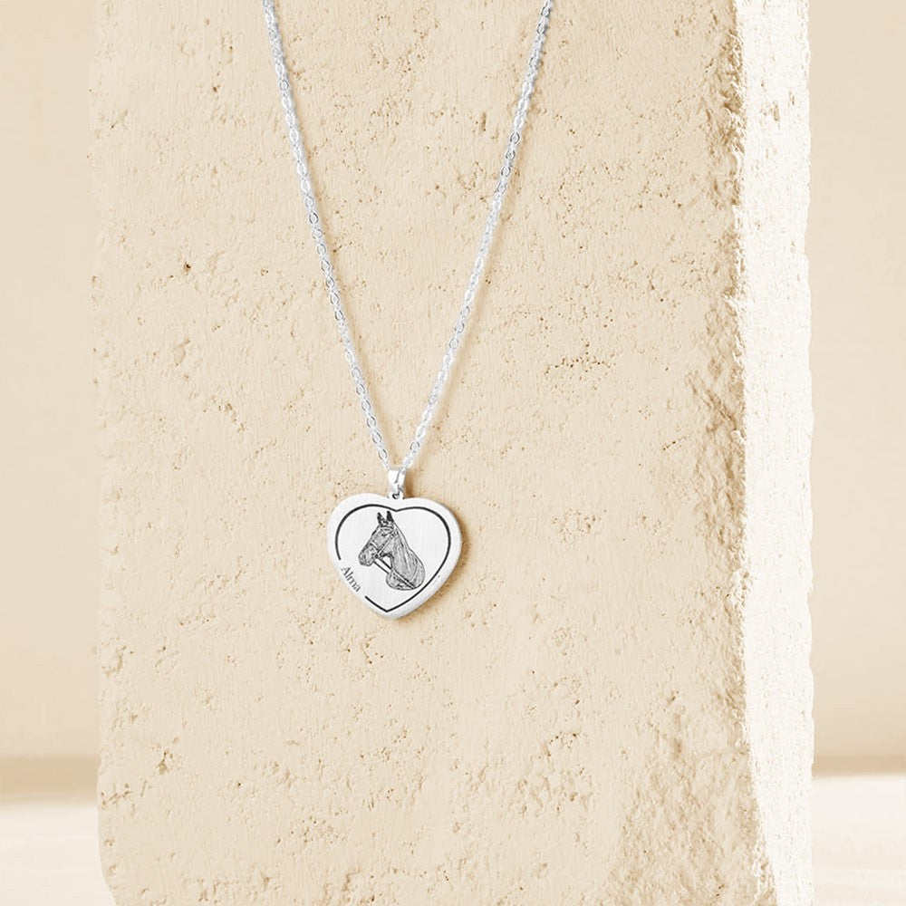 Custom Photo Heart Necklace, Person/Pet Portrait Pendant, Horse Portrait Charm Necklace, Sterling Silver 925 Jewelry, Gift for Family/Friend/Pet Lover